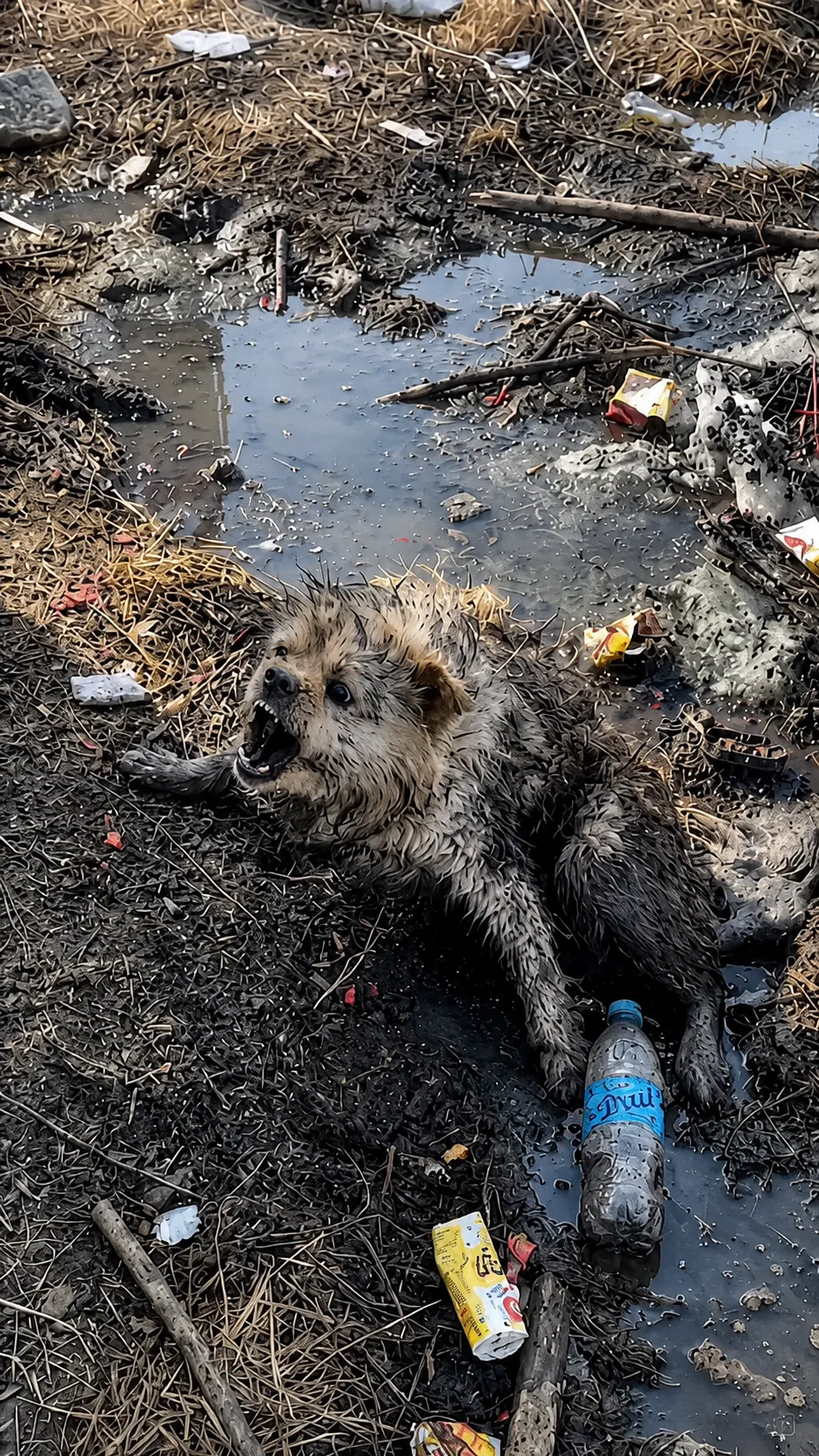 A Mud-Covered Dog Was Found Crying in a Polluted Ditch