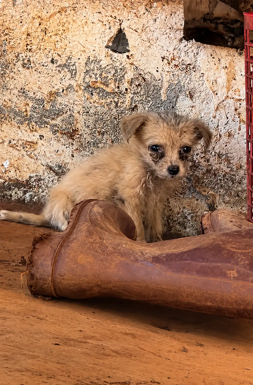 A Tiny Puppy Was Found Sleeping Beside an Old Shoe