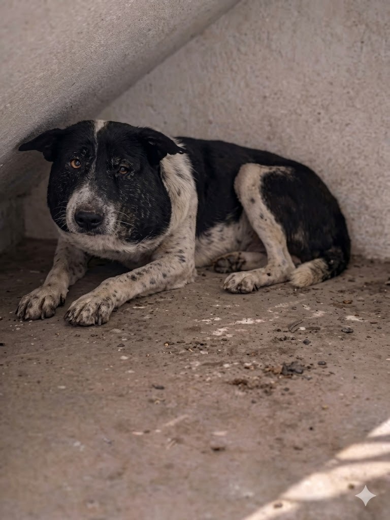 The Dog Hiding Under the Concrete Stairs