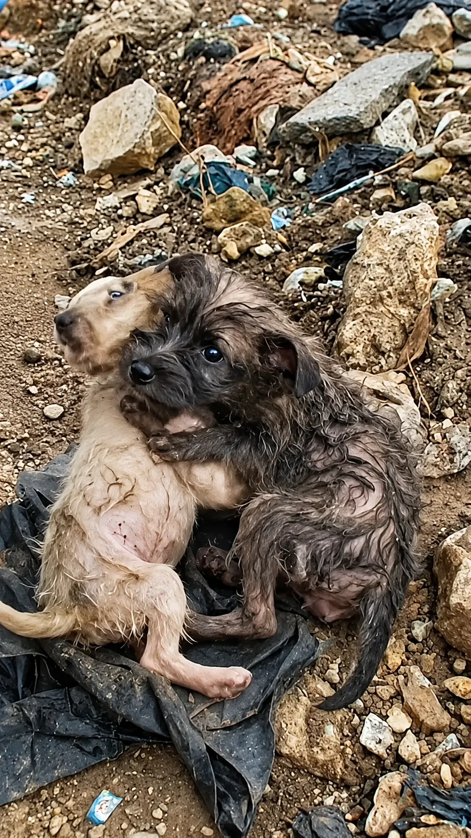 Two Terrified Puppies Clung to Each Other in the Rubble