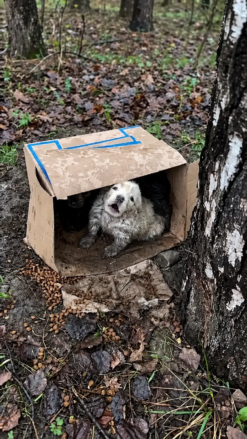 Two Terrified Puppies Were Found Hiding in a Cardboard Box Deep in the Woods